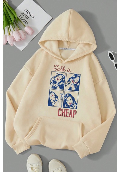 Cheap Baskılı Oversize Sweatshirt Bej