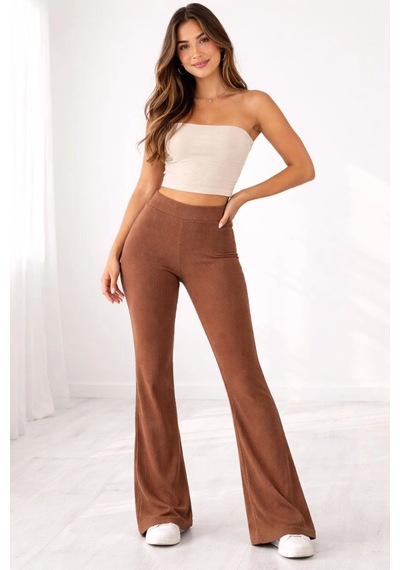 Ertaştrendstore Kadın Fitilli Kaşkorse İspanyol Paça Tayt Yüksek Bel Esnek Pantolon - Kahverengi Çok Renk