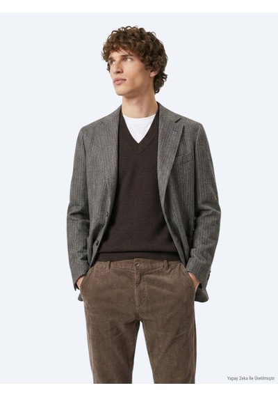 Kip Kahverengi Desenli Modern Fit Yün Karışımlı Ceket
