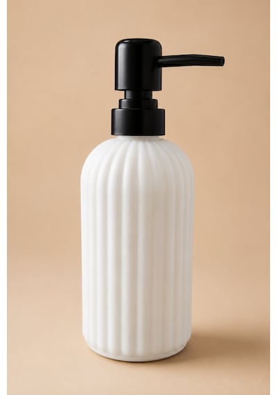 Vovy Çizgili Cam Sabunluk 500 Ml Siyah Pompalı Modern Sıvı Sabun Ve Deterjan Dispenseri - 18,5 Cm X 7 Cm Beyaz