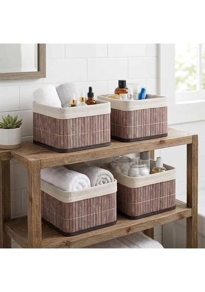 Bambu Çok Amaçlı Saklama Kutusu Düzenleyici Kare Organizer, Dekoratif Bambu Düzenleyici Gri 20x20x13cm 4 Adet Diğer