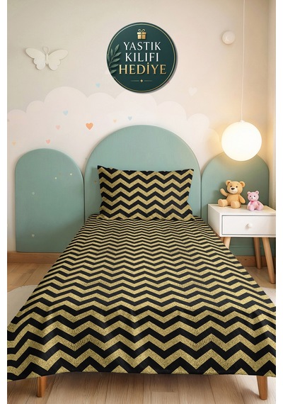 Siyah Gold Geometrik Zigzag Genç Odası Tek Kişilik Pike Takımı-altın Renkli Yatak Örtüsü-160x220 Cm Sarı