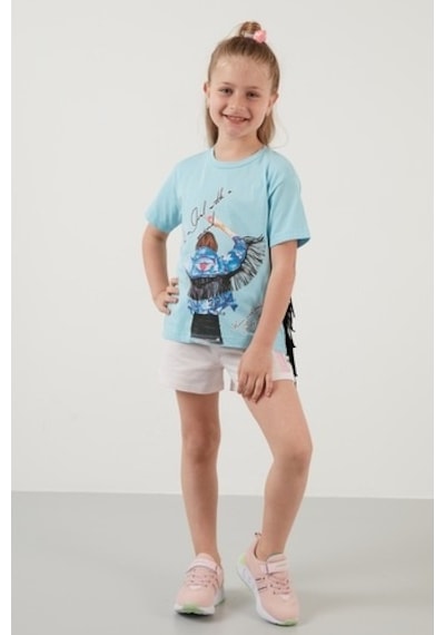 Lela Pamuklu Baskılı Püskül Detaylı Bisiklet Yaka Kız Çocuk T Shirt 6211020 Açık Mavi