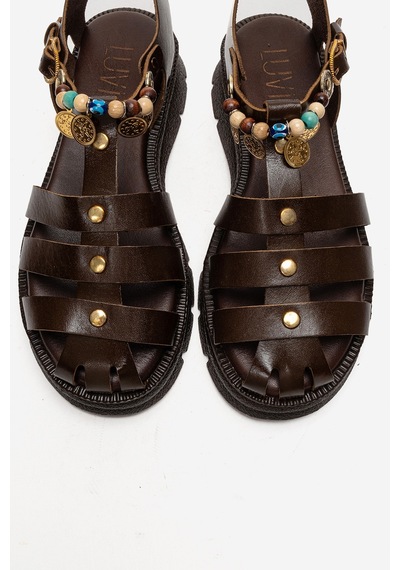 Luvishoes Solıs Kahverengi Hakiki Deri Boncuklu Kadın Sandalet