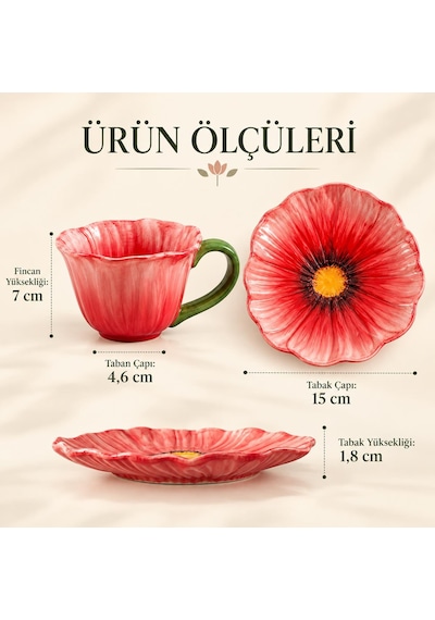 Valkyrie Gelincik Serisi Çiçek Tasarımlı Fincan Ve Tabak Seti 350 Ml Dekoratif Kahve Çay Fincanı Krm Kırmızı
