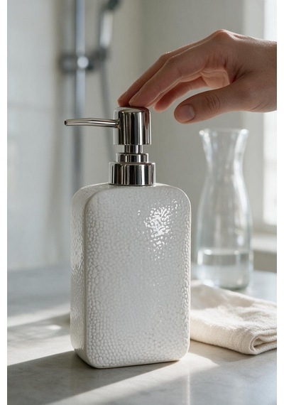 Parlak Yüzey Porselen Sıvı Sabunluk Kahverengi Gümüş Pompa 300ml Beyaz