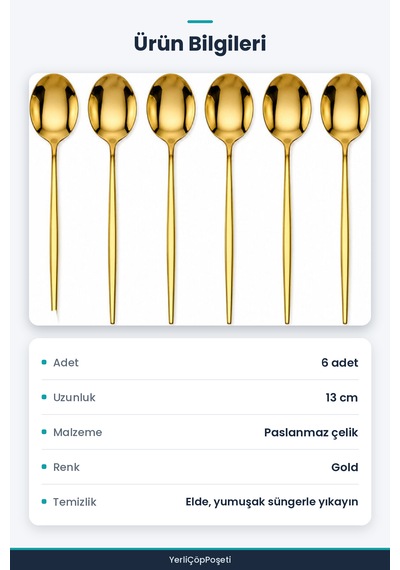 Tatlı Kaşığı Seti - 6 Parça - Paslanmaz Çelik Gold