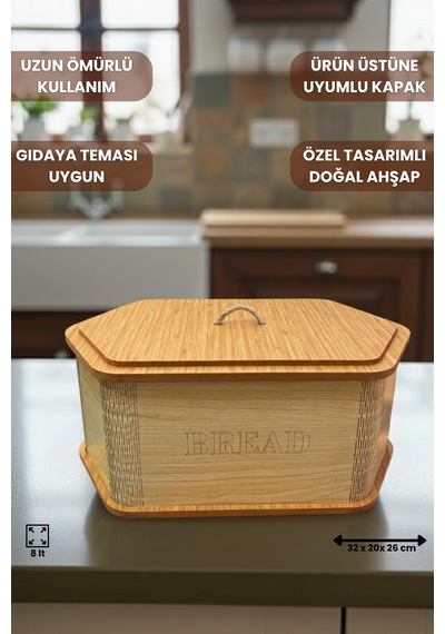Geleneksel Tasarım Kapaklı Büyük Ekmeklik Altıgen Ahşap Ekmek Sepeti Akça Desenli Çok Renkli