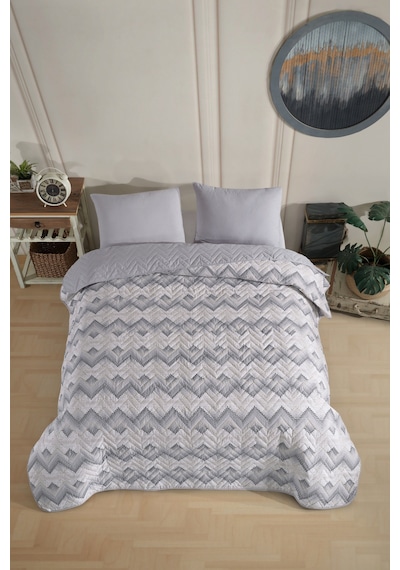Çift Kişilik Desenli Kapitone Çift Taraflı Renkli Pike Yatak Örtüsü Takımı 200x230 Cm Çarşafsız Gri