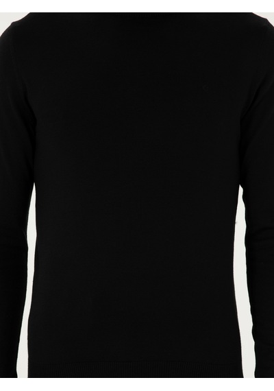 Cacharel Siyah Slim Fit Yün Karışımlı Çeyrek Balıkçı Yaka Basic Triko Kazak