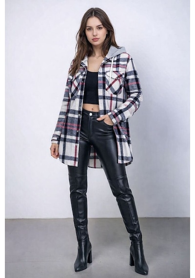 Mamayaga Kadın Desen Bloklu Oduncu Oversize Geniş Kalıp Casual Cepli Kapüşonlu Uzun Boy Ceket Gömlek Pembe