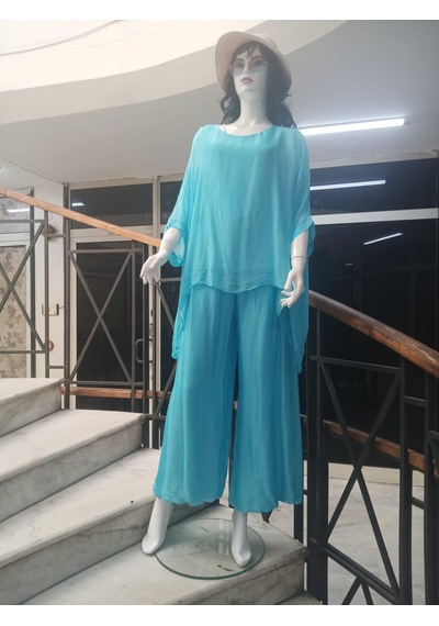 Bohem Stil İtalyan Yarasa Kol İpek Bluz & Pantolon Takım-8767 Turkuaz