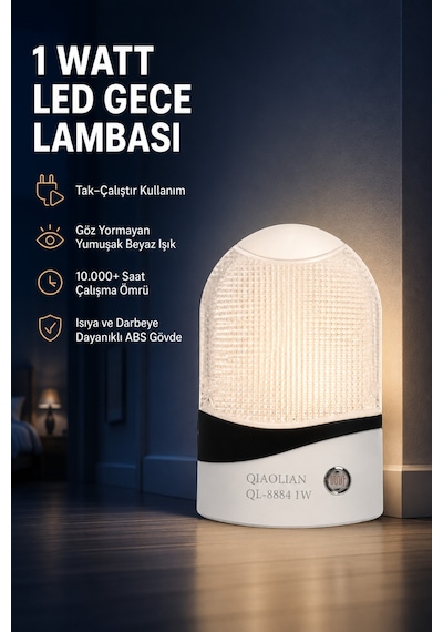 1 Watt Fotoselli Sensörlü Led Gece Lambası Otomatik Yanan Koridor Yatak Çocuk Odası Aydınlatma Beyaz