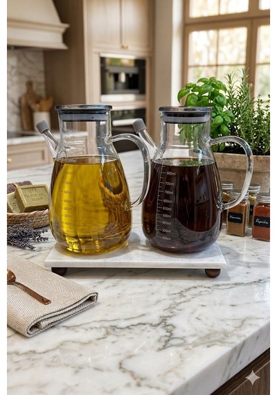 Reoona Mermer Stantlı 2li Borosilikat Cam Yağdanlık Sirkelik Tess Ölçülü 1000ml +1000 Ml Şeffaf