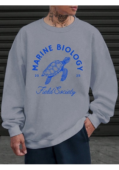 Startmore Tarzsokak Deniz Biyolojisi Kaplumbağa Baskılı Sweatshirt Erkekler İçin Bisiklet Yaka Günlük Kazaklar Po Gri