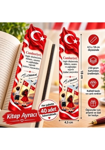 29 Ekim Cumhuriyet Bayramı Karton Kitap Ayracı 40' Lı Paket Çocuklu Tüm Yaşlar