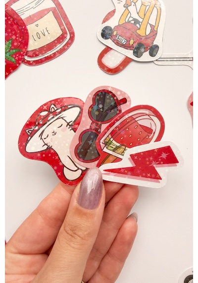 Kırmızı Renk Temalı Hologram Stickerlar 21 Adet Sticker Paketi Suya Dayanıklı Laptop Termos Telefon Etiket Seti