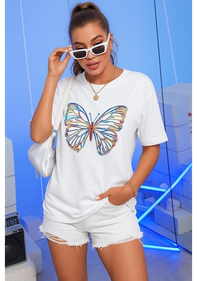 Kelebek Baskılı Oversize Siyah T-shirt BEYAZ