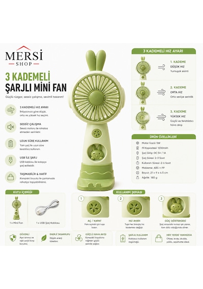 Mini Şarjlı El Fanı 3 Kademeli Usb Taşınabilir Sessiz Masaüstü Fan 19 Cm