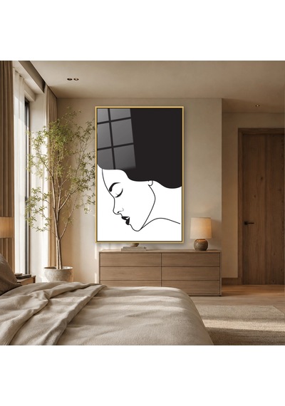 Minimal Kadın Silüeti Gold Çerçeveli Cam Tablo