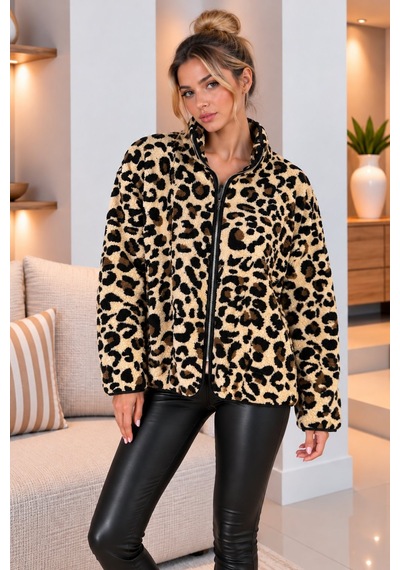 Lima Leopar Kadın Desenli Polar Ceket Fermuarlı Dik Yaka Oversize Kışlık Polar