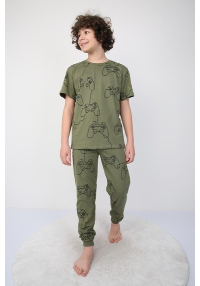 Kısakollu Play Console Desenli Erkek Çocuk Pijama Takımı Alt-üst Haki