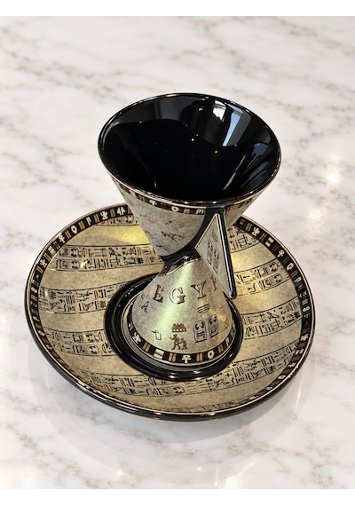 Hiyeroglif Desenli Antik Bronz Dokulu Konik Kahve Fincan Takımı - 2 Kişilik Çok Renkli