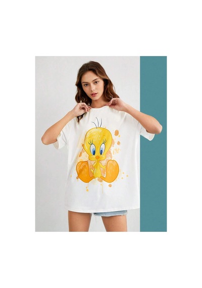 Tarzsokak Karikatür Ve Grafik Tasarım Oversize T-shirt Cartoon/letter Serisi Kod393 Beyaz