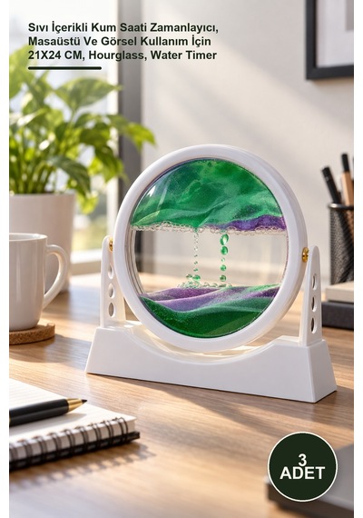 3 Adet Sulu Kumsaati Sıvı İçerikli Kum Saati Zamanlayıcı, Masaüstü Ve Görsel Kullanım İçin 21x24 Cm, Hourglass, Water Timer Diğer