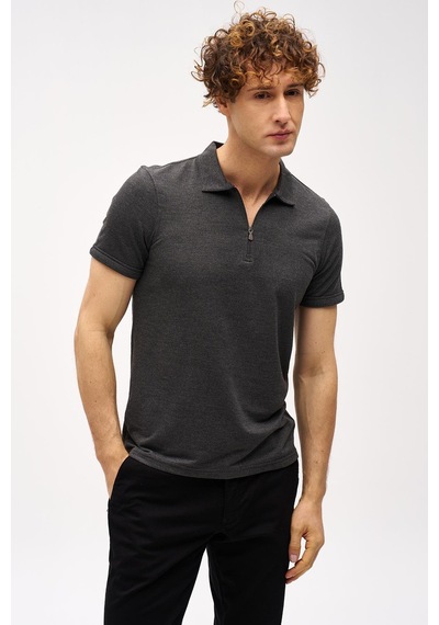Antrasit Slim Fit Dar Kalıp Fermuarlı Polo Yaka Düz Kısa Kollu Tişört-16410 Gri