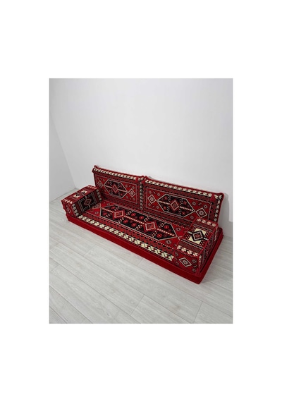 Sedir Deseni Şark Köşesi Takımı 70x190 Cm 5 Parça Dolu Set - Kırmızı Çökmeyen Sünger