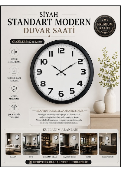Siyah 52 Cm Metal Standart Model Duvar Saati