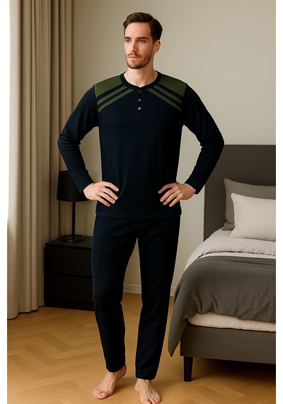 Mutlu City Erkek İnterlok Rahat Kalıp Sıfır Yaka Pamuk Pijama Takımı 6772 Lacivert-haki Mutlu City Erkek İnterlok Rahat Kalıp Sıfır Yaka Pamuk Pijama Takımı 6772 Lacivert-haki