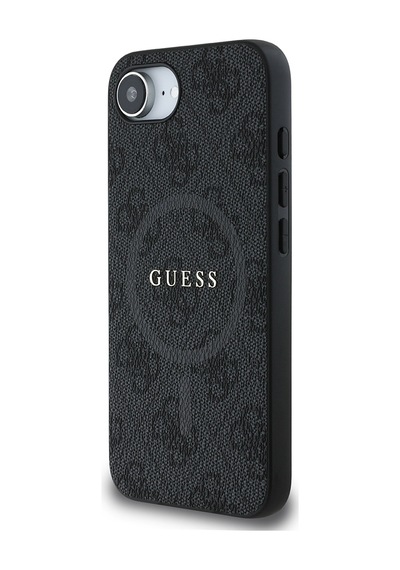 Apple iPhone 16e Uyumlu Kılıf Guess Lisanslı M safe Pu Halkalı 4g Desenli Yazı Logolu Kapak Siyah