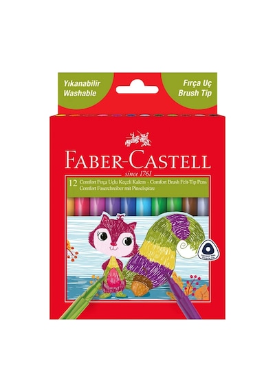 Faber-Castell Comfort Fırça Uçlu Keçeli Kalem 12 Renk,Yıkanabilir, Ergonomik ve Çevre Dostu Tasarım