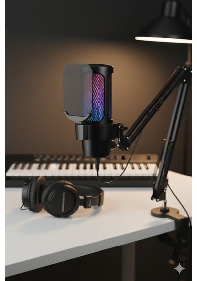 Usb Rgb Kondansatör Mikrofon + Boom Kol Stand Seti Mute Tuşlu Gürültü Azaltma Siyah