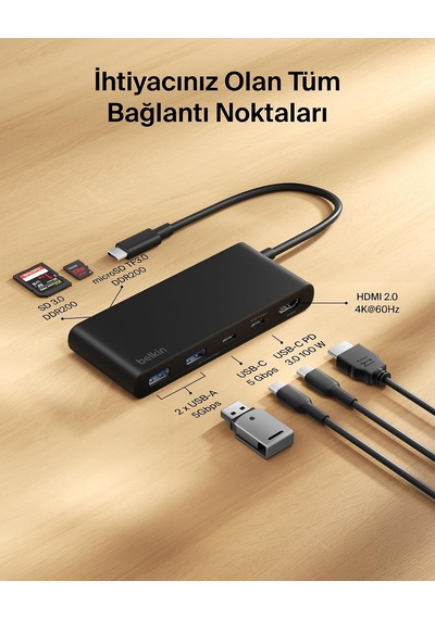 Lexroo Usb-c Hub, 7 Portlu, 60 Hz De 4k Hdmı Ekran Desteği, Sd Ve Microsd Yuvaları, 100w Güç İletimi