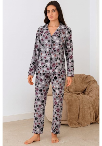 Pemilo Kadın 02269 Önü Düğmeli Süet Pijama Takımı Gri Gri