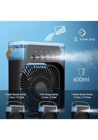Taşınabilir Işıklı 5 Spreyli Vantilatör Buzlu Buharlı Vantilatör Mini Fan Nemlendirici Siyah