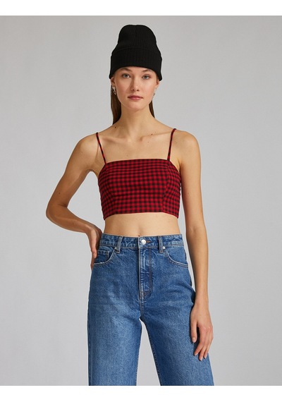 Koton İnce Askılı Crop Top Kırmızı Ekose 2sak30041pw