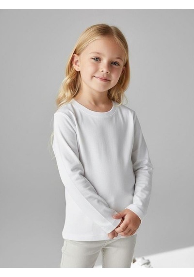 Zekids Kız Çocuk Pamuklu Bisiklet Yaka Uzun Kollu İnce Basic T-shirt-16776 Beyaz