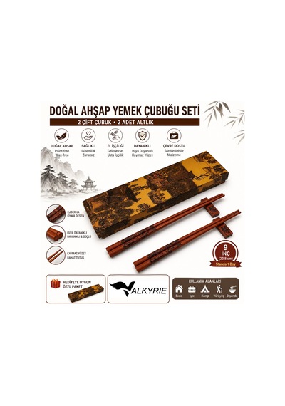 Valkyrie Doğal Ahşap Yemek Çubuğu Seti 2 Çift Ejderha Desenli Çubuk Tutacaklı Kutulu 22,9 Cm Chopstick Seti