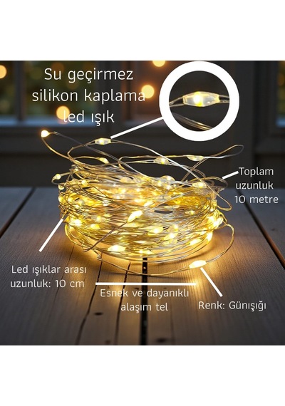 Upway 10m Su Geçirmez Günışığı 100 Led Işık - Pilli Dekoratif Aydınlatma Sarı