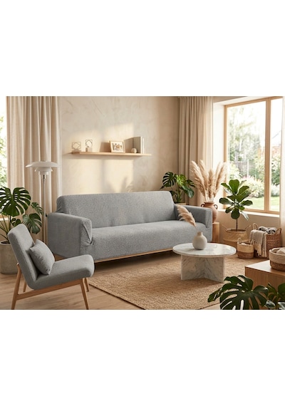 Bohem Likralı Koltuk Örtüsü Takımı 3+3+1+1 Yumuşak Dokulu Esnek Modern Desenli Koltuk Kılıfı Gri