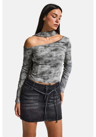 Kadın Koyu Füme 2s6-1 Straight Fit Kemer Detaylı Elastan Mini Denim Etek