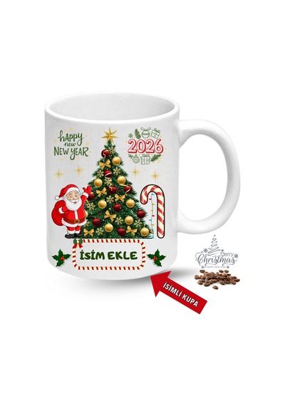 Yılbaşı Hediyesi Christmas Çam Ağacı İsimli Baskılı Porselen Kupa Bardak Beyaz