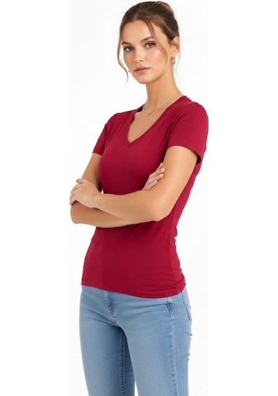 Kadın T-shirt V Yaka Slim Fit Likralı Tişört Yazlık Basic Body - Kırmızı Bordo