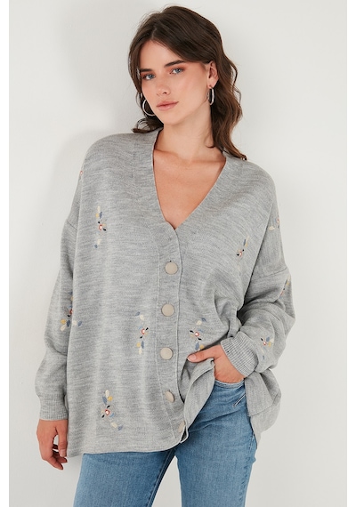 Lela Çiçek Işlemeli Oversize Fit V Yaka Düğmeli Bayan Hırka 4616191 Açık Gri