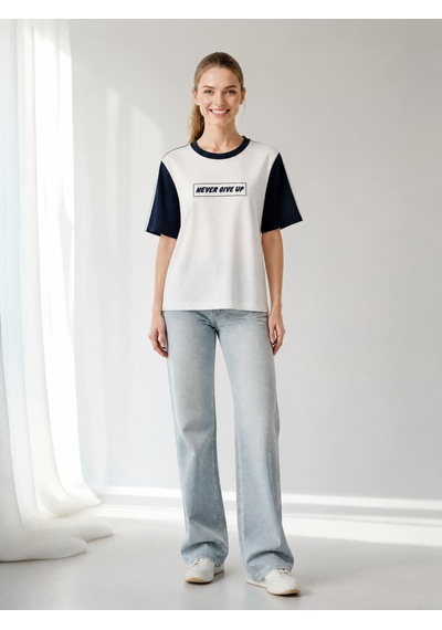 Nealirsanall.com "never Give Up" Baskılı Penye Tişört - Kontrast Kollu Spor Bluz Siyah