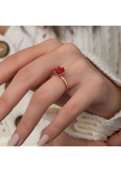 Rose Altın Kaplama Kırmızı Zirkon Taşlı Lotus Çiçeği Kadın  Yüzük Rose Gold